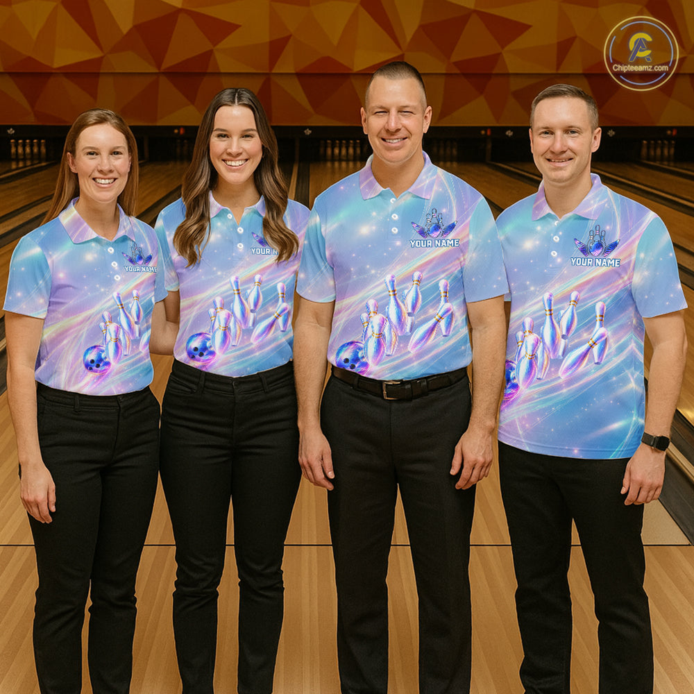 Holographic Bowling Ball & Pins Shirt For Men Custom Rainbow Galaxy Polo Quarter-Zip Bowling Jersey NYN3675