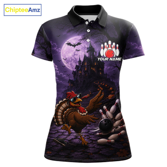 Funny Turkey Autumn Bowling Shirts For Women Custom Thanksgiving Bowling Polo 1/4-Zip Team Uniform NYN3932