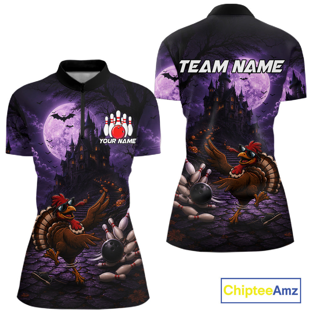 Funny Turkey Autumn Bowling Shirts For Women Custom Thanksgiving Bowling Polo 1/4-Zip Team Uniform NYN3932