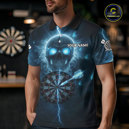 Custom Blue Skull Butterflies Lightning Dartboard Men Darts Polo Shirt, Dart Jerseys NYN1842