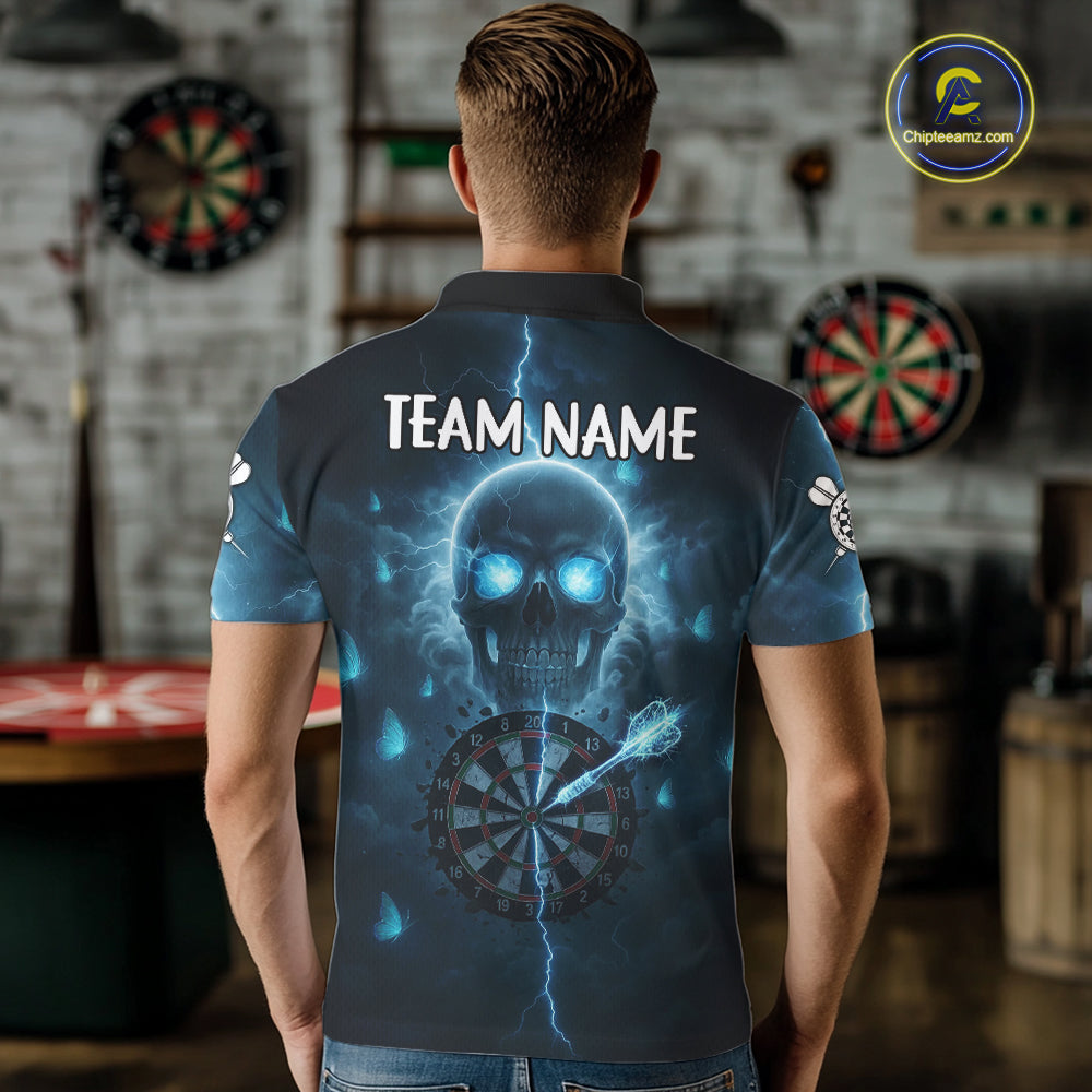 Custom Blue Skull Butterflies Lightning Dartboard Men Darts Polo Shirt, Dart Jerseys NYN1842