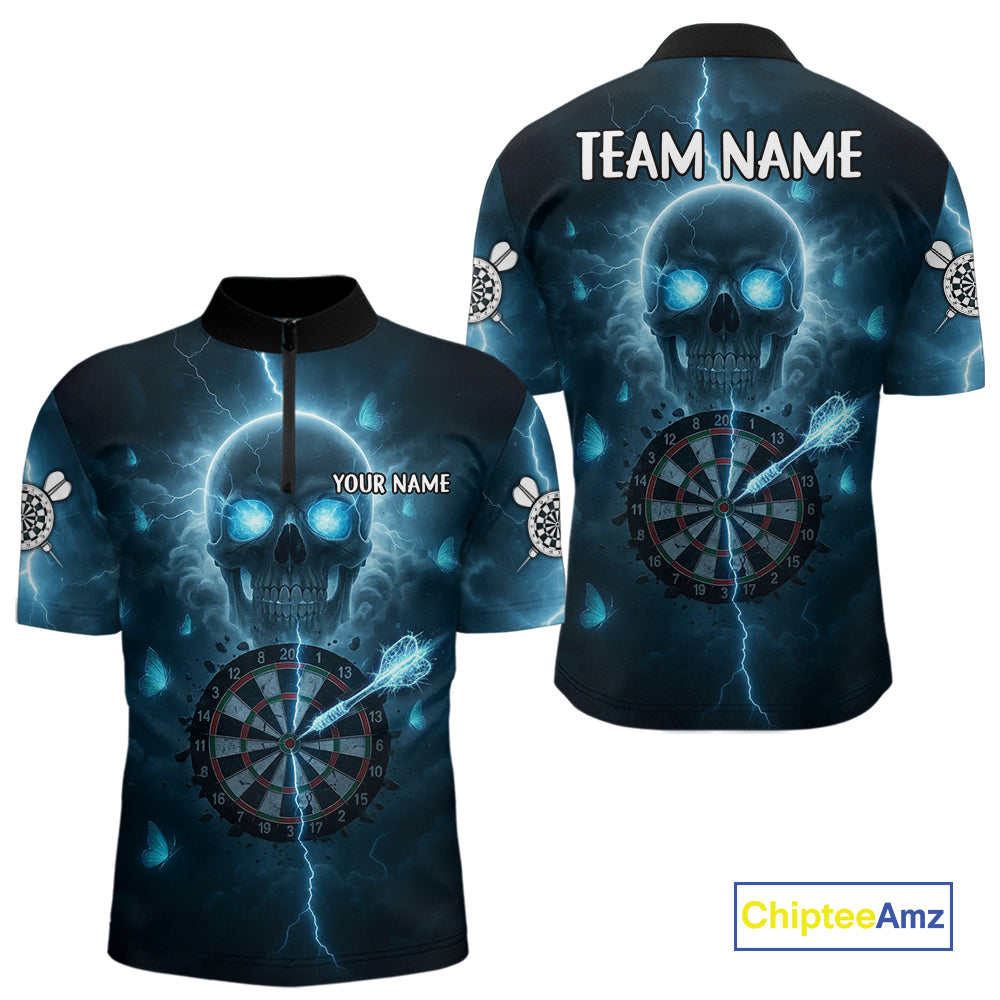 Custom Blue Skull Butterflies Lightning Dartboard Men Darts Quarter-Zip Shirt, Dart Jerseys NYN1842