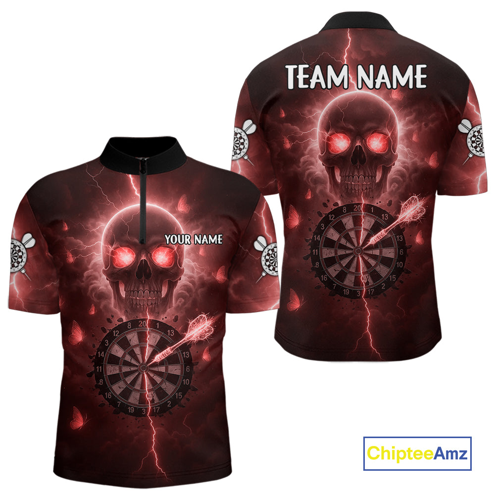 Custom Red Skull Butterflies Lightning Dartboard Men Darts Quarter-Zip Shirt, Dart Jerseys NYN1843