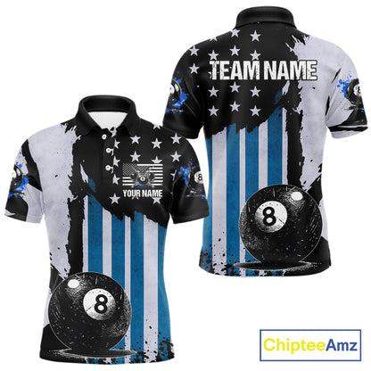 Patriotic Grunge Blue 8 Ball Men Billiard Polo & 1/4 Zip Shirt Custom Pool Billiard Jerseys NYN2358