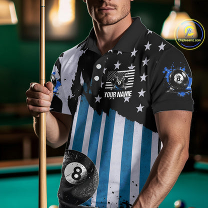 Patriotic Grunge Blue 8 Ball Men Billiard Polo & 1/4 Zip Shirt Custom Pool Billiard Jerseys NYN2358