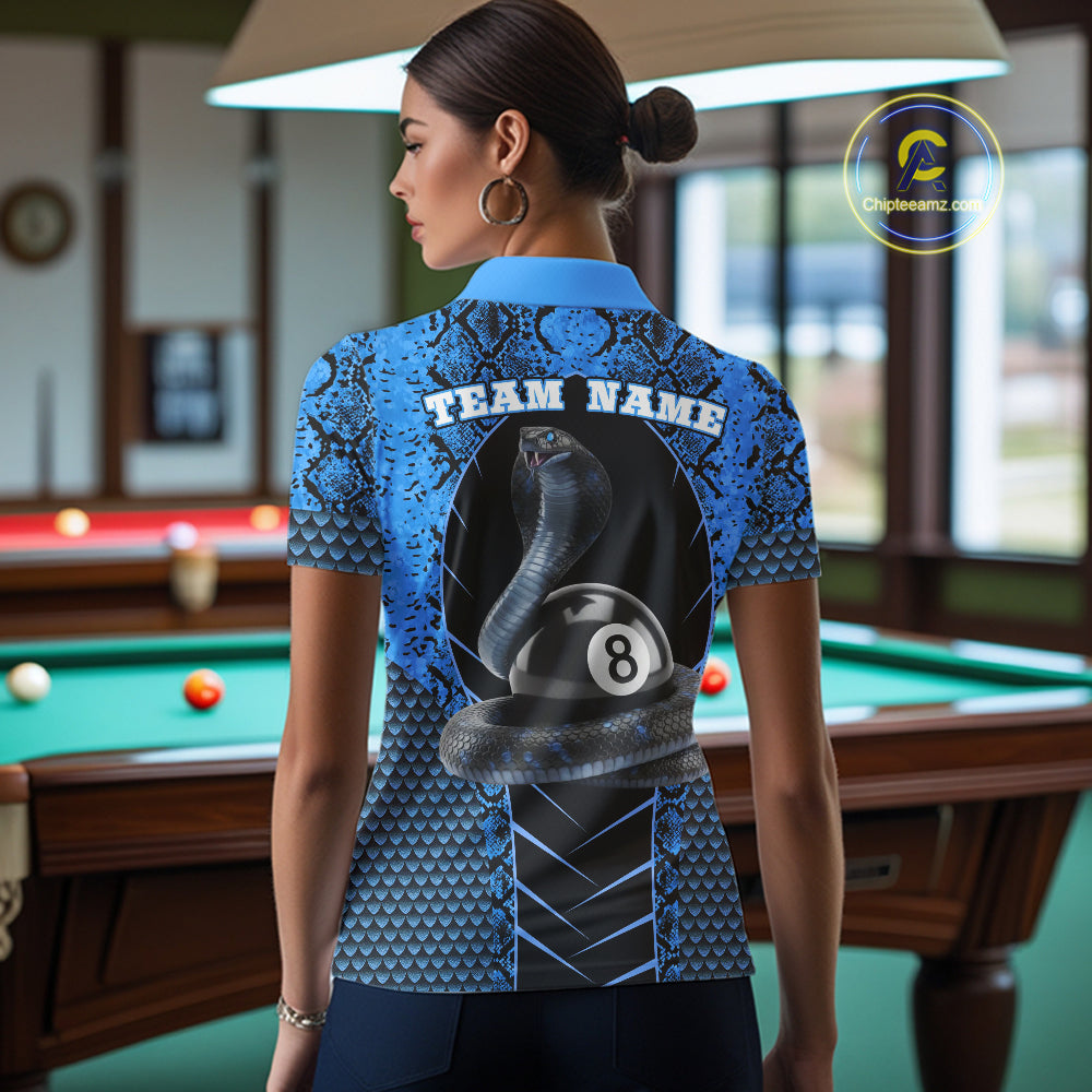 Personalized Cobra Snake Women Billiard Team Shirt Blue 8 Ball Billiard Polo & 1/4 Zip Attire NYN2365