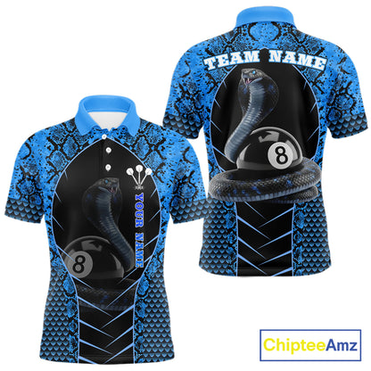 Personalized Cobra Snake Men Billiard Team Shirt Blue 8 Ball Billiard Polo & 1/4 Zip Attire NYN2365