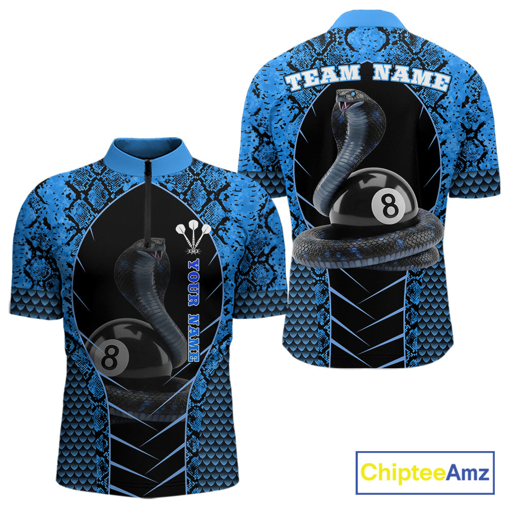 Personalized Cobra Snake Men Billiard Team Shirt Blue 8 Ball Billiard Polo & 1/4 Zip Attire NYN2365