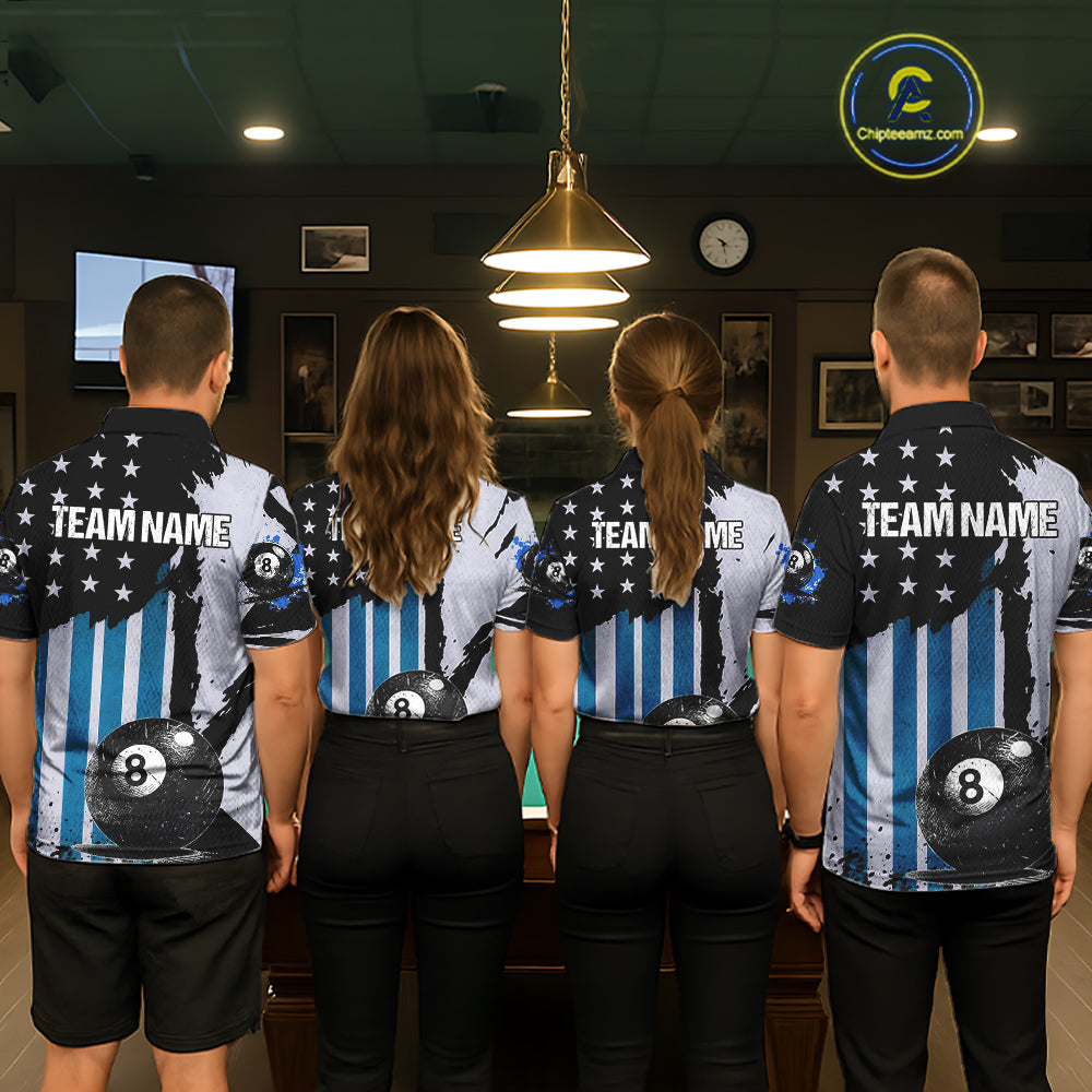 Patriotic Grunge Blue 8 Ball Men Billiard Polo & 1/4 Zip Shirt Custom Pool Billiard Jerseys NYN2358