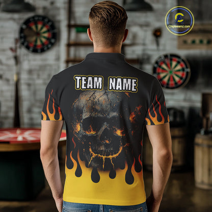 Custom Yellow Fire Flame Cracked Skull Dart Polo & 1/4 Zip Shirts For Men Dart Team Jerseys NYN0068