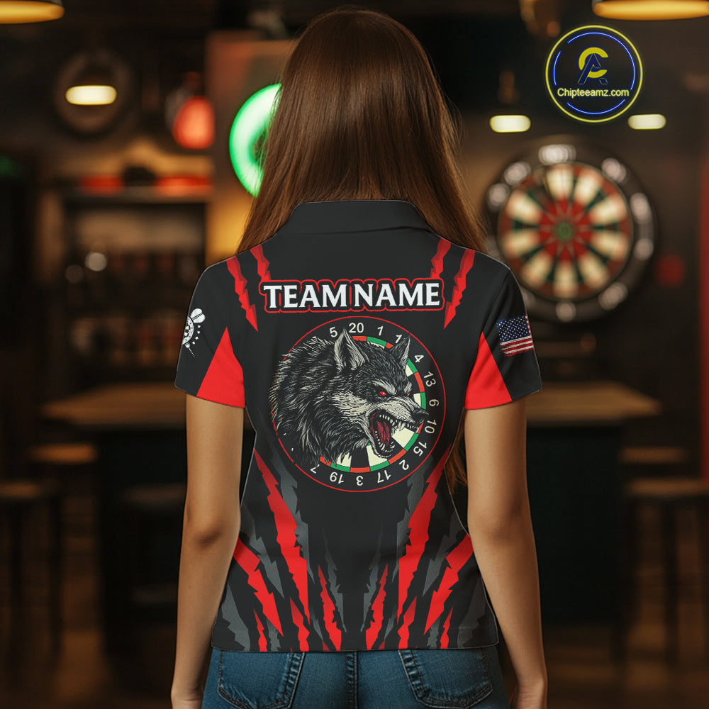 Custom Black-Red Wolf Dartboard Dart Shirts For Women US Flag Dart Team Jerseys NYN0073