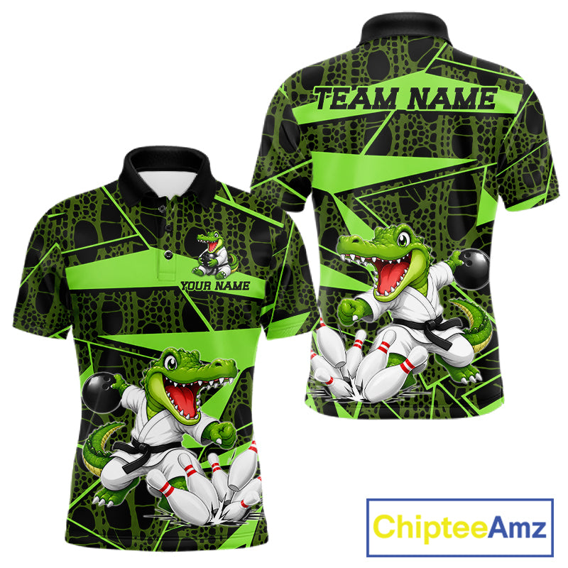 Funny Crocodile Mens Bowling Shirt Custom Green Skin Crocodile Polo Quarter-Zip Bowling Team Attire NYN3686