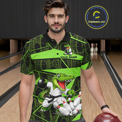 Funny Crocodile Mens Bowling Shirt Custom Green Skin Crocodile Polo Quarter-Zip Bowling Team Attire NYN3686