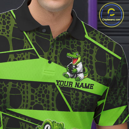 Funny Crocodile Mens Bowling Shirt Custom Green Skin Crocodile Polo Quarter-Zip Bowling Team Attire NYN3686