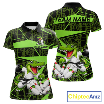 Funny Crocodile Women Bowling Shirt Custom Green Skin Crocodile Polo Quarter-Zip Bowling Team Attire NYN3686