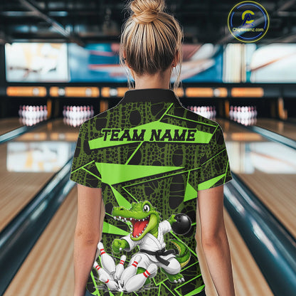 Funny Crocodile Women Bowling Shirt Custom Green Skin Crocodile Polo Quarter-Zip Bowling Team Attire NYN3686