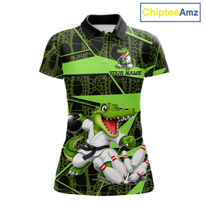 Funny Crocodile Women Bowling Shirt Custom Green Skin Crocodile Polo Quarter-Zip Bowling Team Attire NYN3686