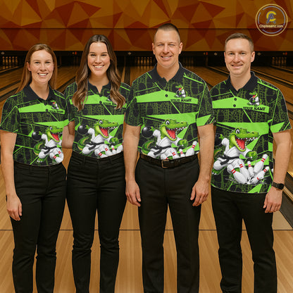 Funny Crocodile Mens Bowling Shirt Custom Green Skin Crocodile Polo Quarter-Zip Bowling Team Attire NYN3686