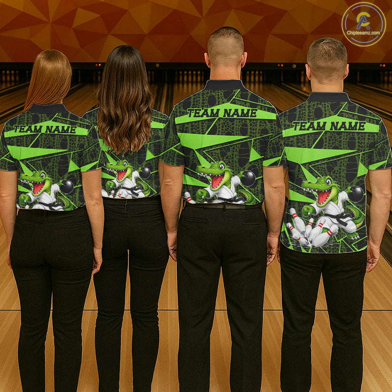 Funny Crocodile Mens Bowling Shirt Custom Green Skin Crocodile Polo Quarter-Zip Bowling Team Attire NYN3686