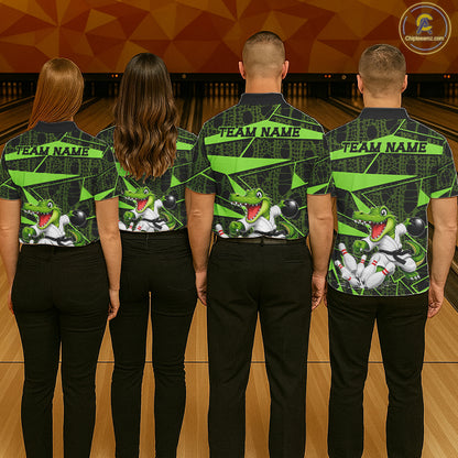 Funny Crocodile Mens Bowling Shirt Custom Green Skin Crocodile Polo Quarter-Zip Bowling Team Attire NYN3686