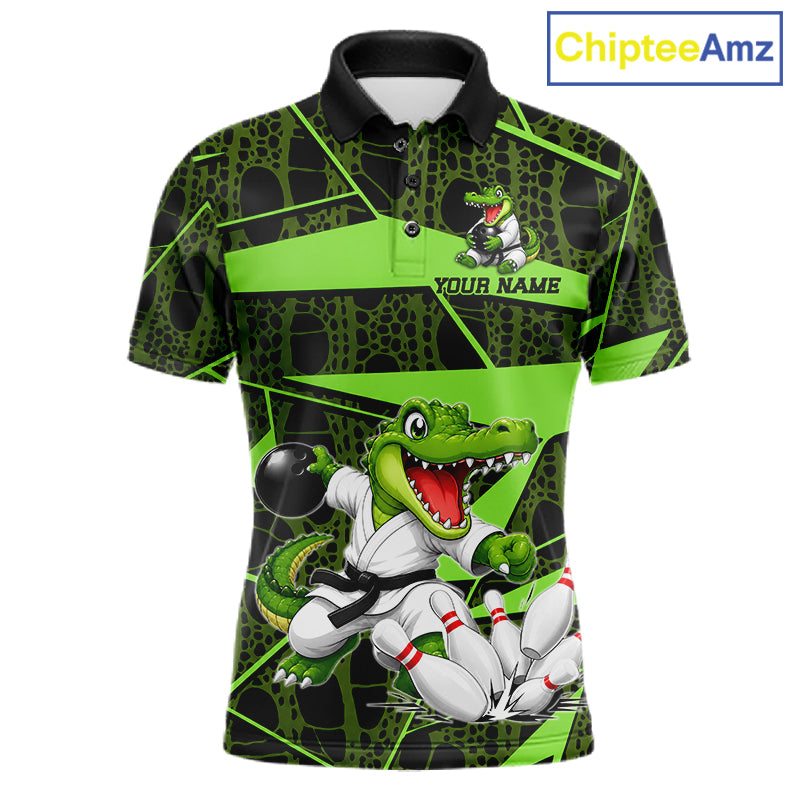 Funny Crocodile Mens Bowling Shirt Custom Green Skin Crocodile Polo Quarter-Zip Bowling Team Attire NYN3686