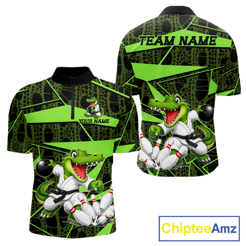 Funny Crocodile Mens Bowling Shirt Custom Green Skin Crocodile Polo Quarter-Zip Bowling Team Attire NYN3686