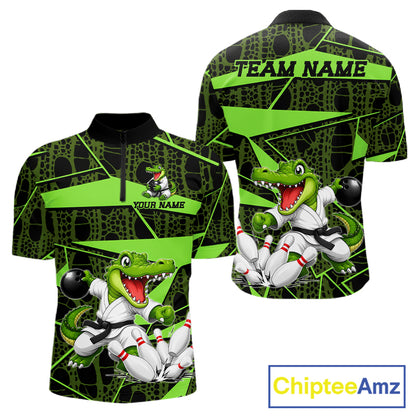 Funny Crocodile Mens Bowling Shirt Custom Green Skin Crocodile Polo Quarter-Zip Bowling Team Attire NYN3686