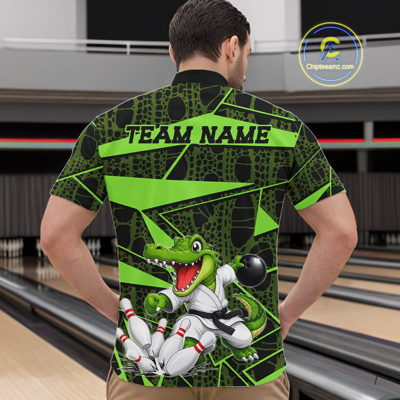 Funny Crocodile Mens Bowling Shirt Custom Green Skin Crocodile Polo Quarter-Zip Bowling Team Attire NYN3686