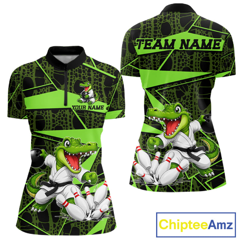 Funny Crocodile Women Bowling Shirt Custom Green Skin Crocodile Polo Quarter-Zip Bowling Team Attire NYN3686