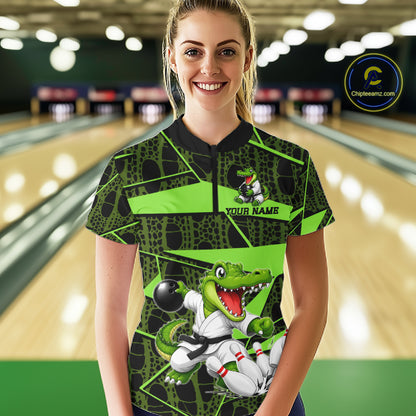 Funny Crocodile Women Bowling Shirt Custom Green Skin Crocodile Polo Quarter-Zip Bowling Team Attire NYN3686