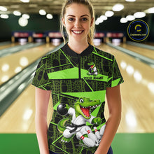 Load image into Gallery viewer, Funny Crocodile Women Bowling Shirt Custom Green Skin Crocodile Polo Quarter-Zip Bowling Team Attire NYN3686