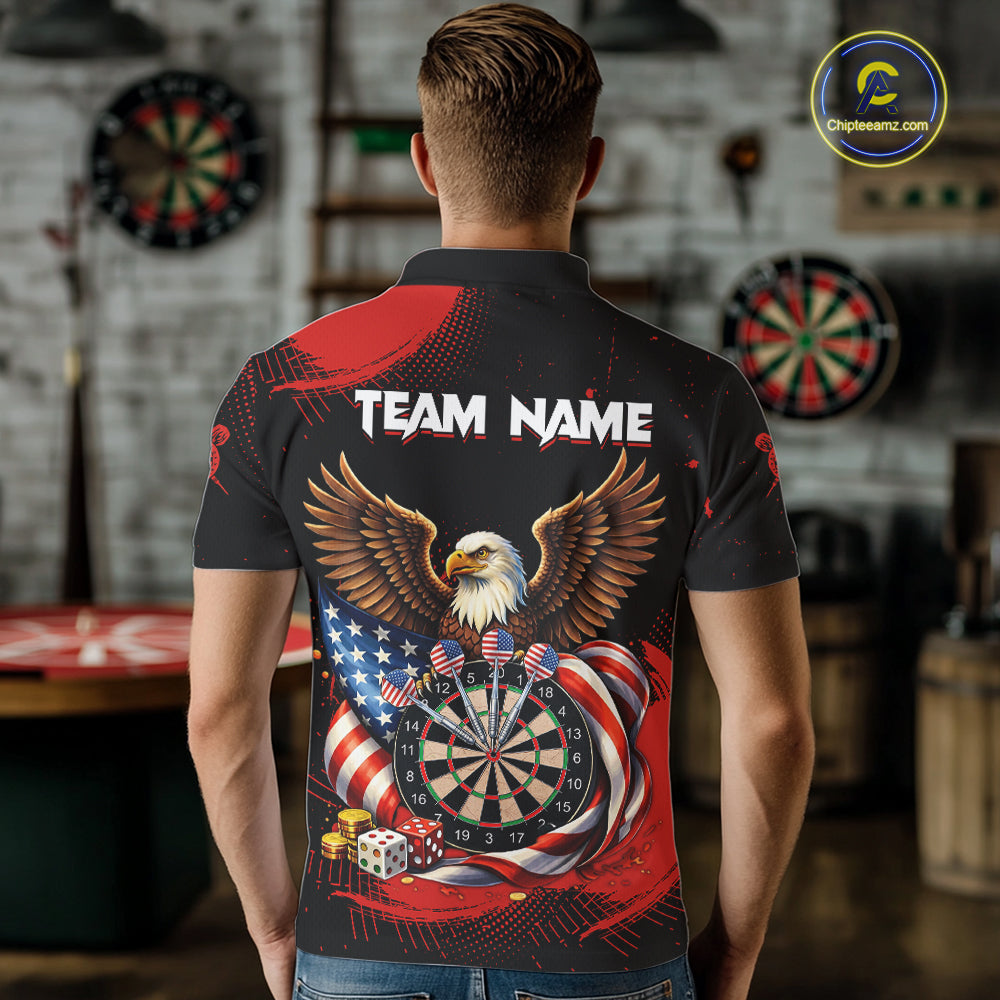 Personalized Red Grunge US Flag Eagle Dart Shirts For Men Patriotic Dart Polo & 1/4-Zip Jersey NYN2780