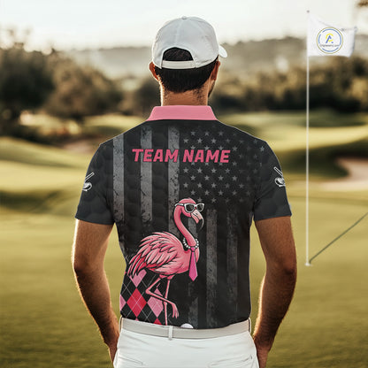 Custom Black Patriotic Golf Polo Shirts For Men, Funny Flamingo Best Golf Clothing Shirts NYN2995