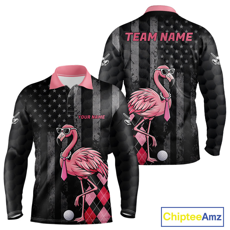 Custom Black Patriotic Golf Polo Shirts For Men, Funny Flamingo Best Golf Clothing Shirts NYN2995