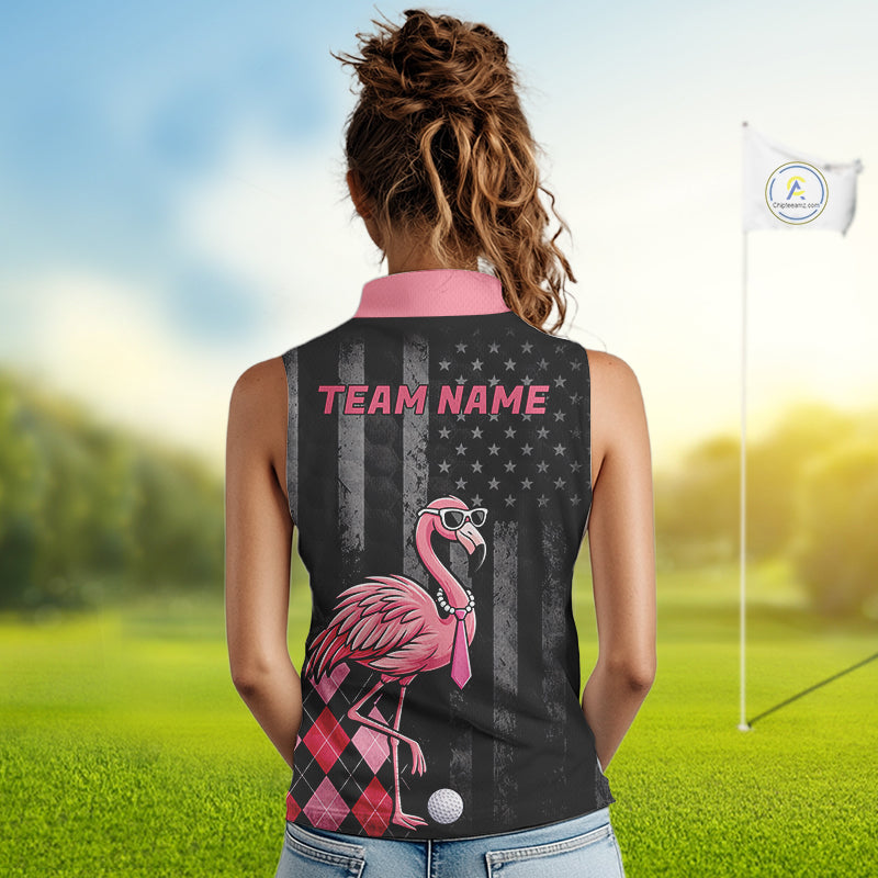 Custom Black Patriotic Golf Sleeveless Polo Shirts For Women, Funny Flamingo Best Golf Clothing Shirts NYN2995
