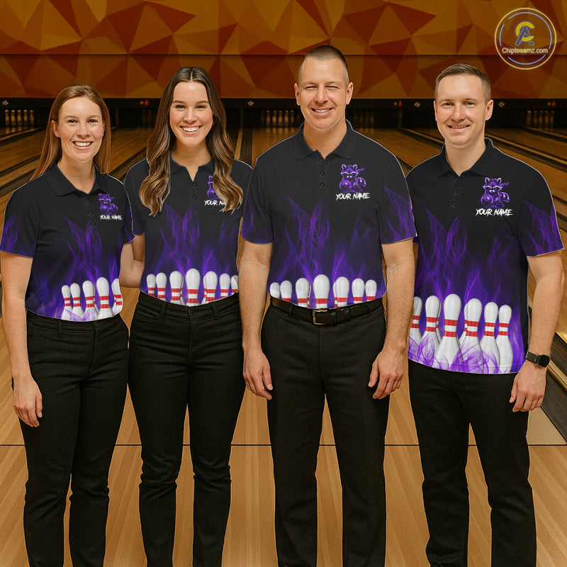 Purple Flames Custom Funny Raccoon Womens Bowling Shirts Bowling Team Shirt For Bowlers NYN3410