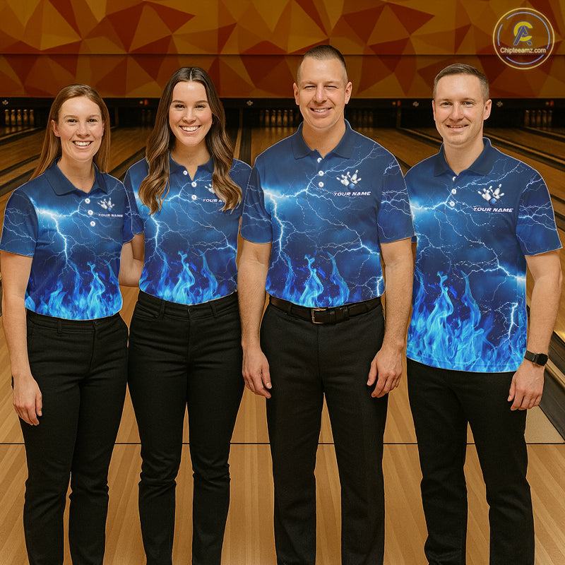 Custom Mens Bowling Thunder Lightning Shirts, Fire Flame Bowling Team Jerseys | Blue NYN3419