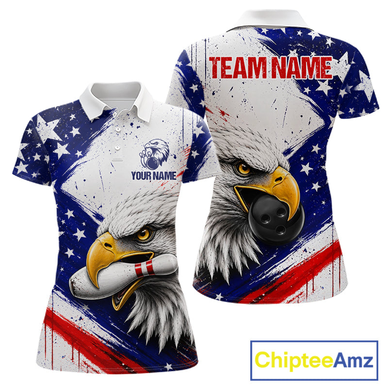 Women's custom bowling polo featuring grunge eagle with bowling ball and pins, personalized performance bowling shirt for USBC league, patriotic sportswear, eagle lovers, wildlife enthusiasts, outdoor lifestyle, symbolizing freedom, leadership, courage, resilience and victory.