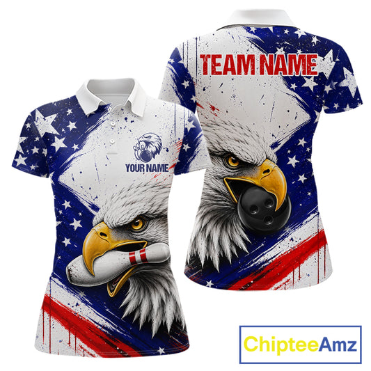 Women's custom bowling polo featuring grunge eagle with bowling ball and pins, personalized performance bowling shirt for USBC league, patriotic sportswear, eagle lovers, wildlife enthusiasts, outdoor lifestyle, symbolizing freedom, leadership, courage, resilience and victory.