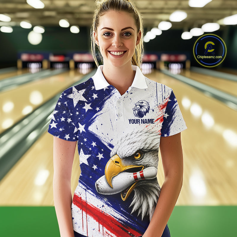 Female bowler wearing grunge eagle bowling jersey during league competition, premium sportswear for wildlife lovers, patriotic women and tournament bowlers, symbolizing strength, ambition and resilience.