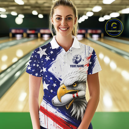 Female bowler wearing grunge eagle bowling jersey during league competition, premium sportswear for wildlife lovers, patriotic women and tournament bowlers, symbolizing strength, ambition and resilience.