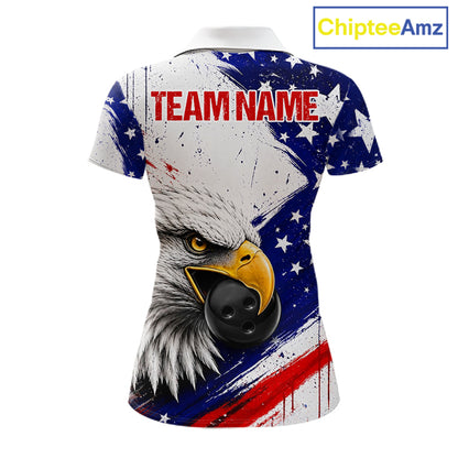 Women's custom bowling polo featuring grunge eagle with bowling ball and pins, personalized performance bowling shirt for USBC league, patriotic sportswear, eagle lovers, wildlife enthusiasts, outdoor lifestyle, symbolizing freedom, leadership, courage, resilience and victory.