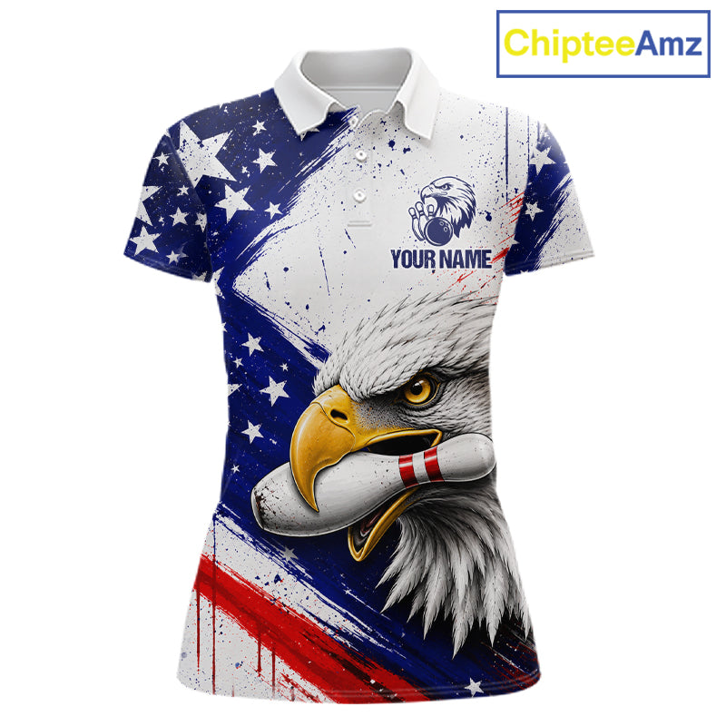 Women's custom bowling polo featuring grunge eagle with bowling ball and pins, personalized performance bowling shirt for USBC league, patriotic sportswear, eagle lovers, wildlife enthusiasts, outdoor lifestyle, symbolizing freedom, leadership, courage, resilience and victory.