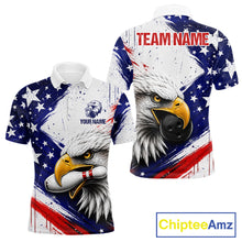 Load image into Gallery viewer, Men's custom bowling polo featuring distressed grunge eagle with bowling ball and pins, personalized performance bowling shirt for USBC tournaments, bowling leagues, patriotic sportswear, eagle lovers, wildlife enthusiasts and outdoor adventurers, symbolizing freedom, leadership, courage, resilience and victory