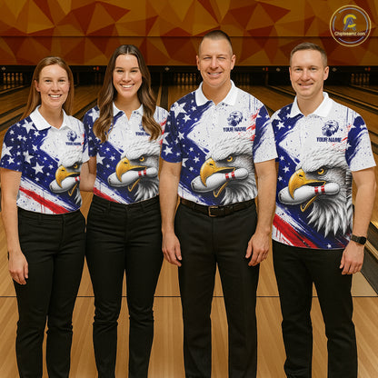 Mixed bowling team wearing matching eagle bowling jerseys during championship tournament, personalized uniforms representing unity, teamwork, patriotism, leadership and championship success.