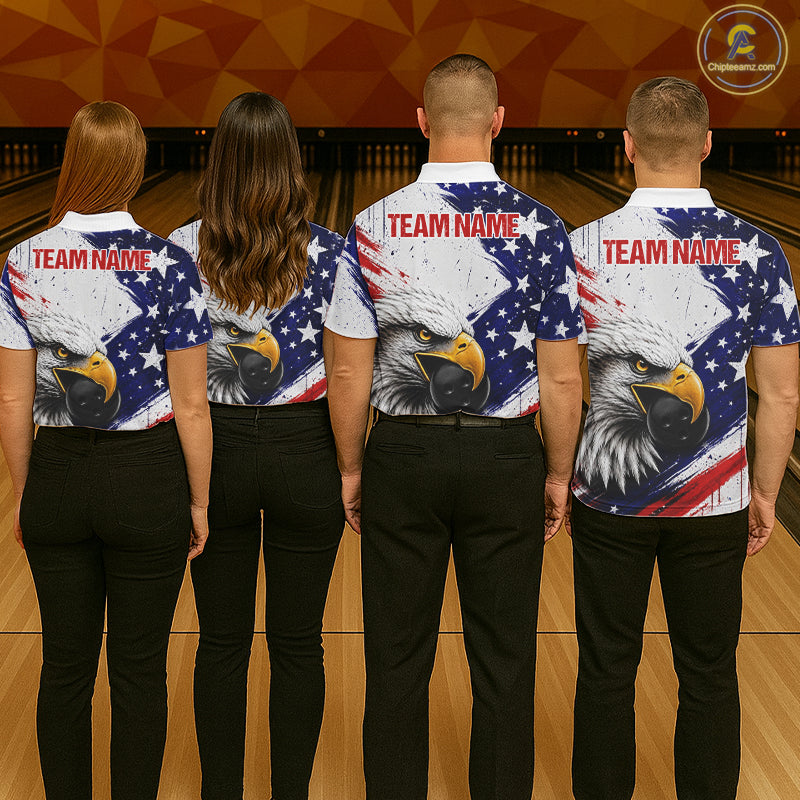 Mixed bowling team wearing matching eagle bowling jerseys during championship tournament, personalized uniforms representing unity, teamwork, patriotism, leadership and championship success.