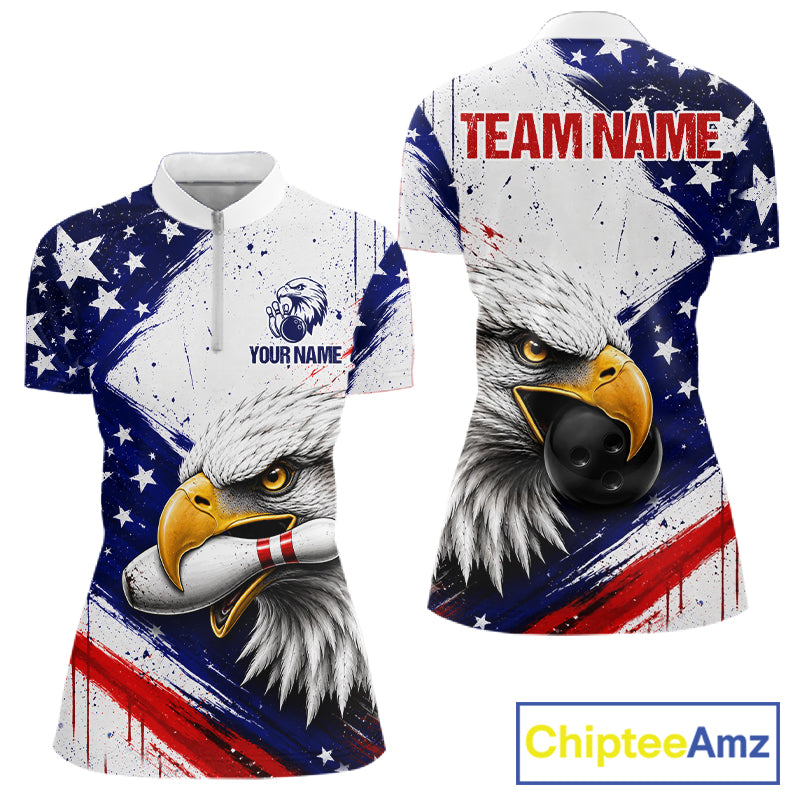 Women's quarter-zip bowling jersey with grunge eagle artwork, moisture-wicking tournament apparel for bowling clubs, nature lovers, eagle enthusiasts and custom bowling teams, representing confidence, resilience and independence.