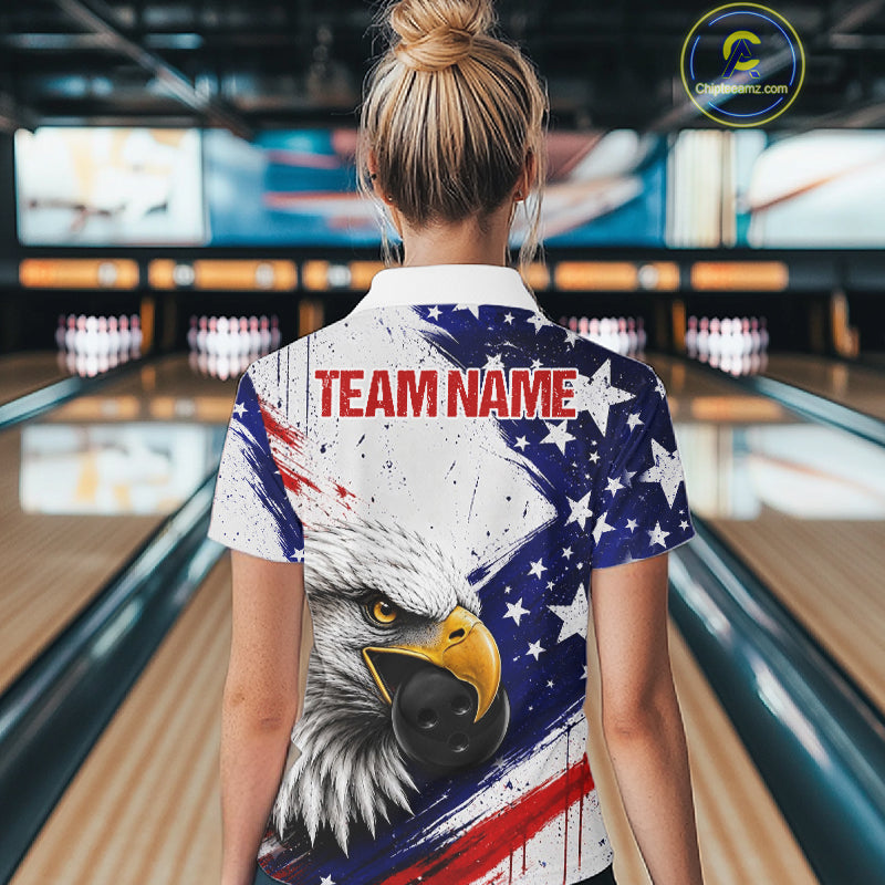 Female bowler wearing grunge eagle bowling jersey during league competition, premium sportswear for wildlife lovers, patriotic women and tournament bowlers, symbolizing strength, ambition and resilience.