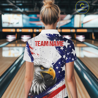 Female bowler wearing grunge eagle bowling jersey during league competition, premium sportswear for wildlife lovers, patriotic women and tournament bowlers, symbolizing strength, ambition and resilience.