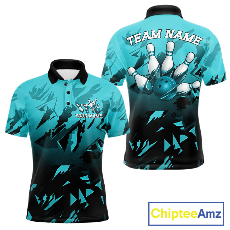Men's bowling polo featuring black and turquoise strike graphics, personalized performance bowling shirt for technology lovers, esports players, graphic designers and tournament bowlers, symbolizing precision, balance, resilience and confidence